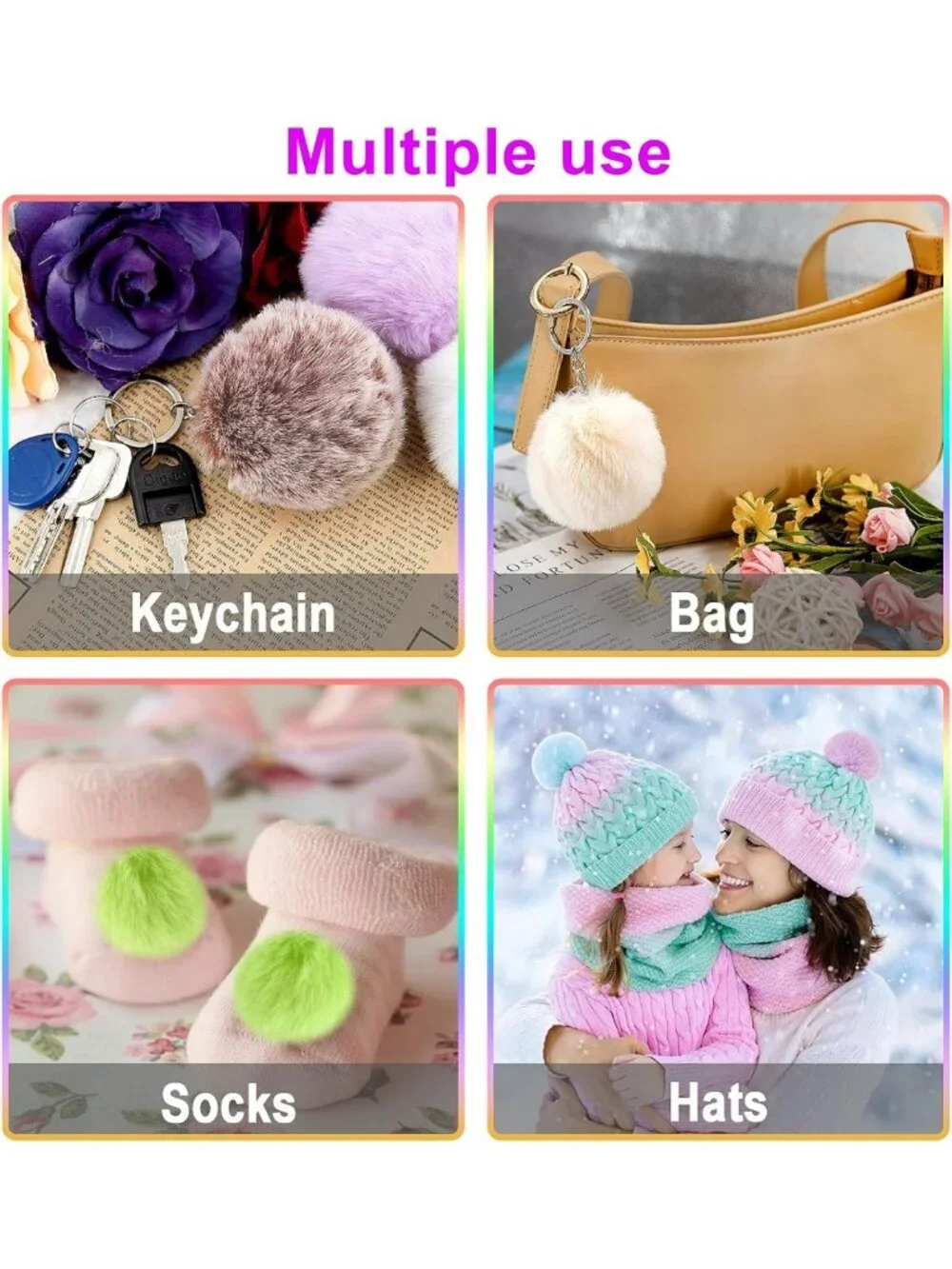Fluffy Pom Pom Keychain Set - 160 Colorful Faux Fur Balls with Tassels